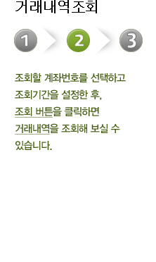 거래내역조회 두번째 단계 조회할 계좌번호를 선택하고 조회기간을 설정한 후, 조회 버튼을 클릭하면 거래내역을 조회해 보실수 있습니다.