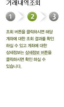거래내역조회 두번째 단계 조회 버튼을 클릭하시면 해당 계좌에 대한 조회 결과를 확인 하실 수 있고 계좌에 대한 상세정보는 상세정보 버튼을 클릭하시면 확인 하실 수 있습니다.