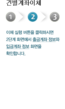 건별계좌이체 두번째 단계 이체 실행 버튼을 클릭하시면 2단계 화면에서 출금계좌 정보와 입금계좌 정보 화면을 확인바랍니다.